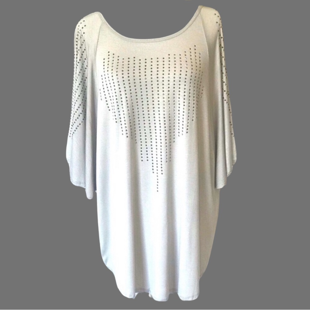 BOUTIQUE ITEM- TOP WITH SPARKLY STUD DETAIL IN PUTTY, BATWING SLEEVE
